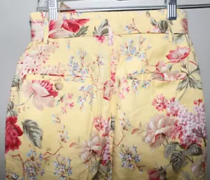 High Waist Ralph Lauren Cotton Floral Yellow Pants Size 4 Pink Roses Cottagecore - Picture 1 of 6