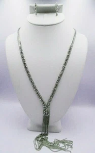 Pierced 30" long clear stone necklace & earring set w/dangling chains - Picture 1 of 4