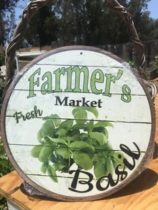 Farmers Market Fresh Basil Round Sign Tin Vintage Garage Bar Decor Old Rustic - Picture 1 of 1