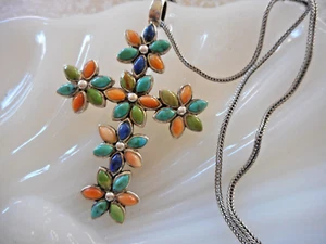 Sterling Lapis Turquoise Agate Floral Cross Pendant 18" Necklace 39RZ18 - Picture 1 of 15