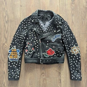 Zara Studded Leather Women's Motorcycle Biker Jacket With Sailor Patches XS - Picture 1 of 24
