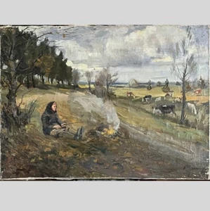 Old OIL Hand PAINTING/The Girl near the Fire/ Landscape USSR Realism SIGNED - Picture 1 of 5