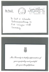Ringraziamento su biglietto di condoglianze, firma di Jacqueline Kennedy - Foto 1 di 2