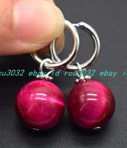 Fashion Natural 12mm Rose Red Tiger Eye Round Gemstone Beaded Leverback Earrings - Picture 1 of 12