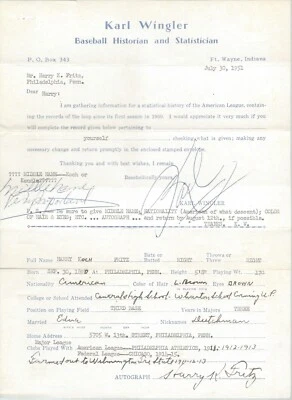 HARRY FRITZ, 1913-15 ATHLETICS,WHALES, "DEAD BALL ERA, QUESTIONAIRE, PSA/DNA 8.5 - Image 1 of 2