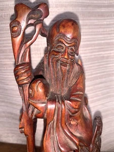 "Escultura china envejecida de raíz tallada a mano Shoulou peces grúa Lao Tzu de 8""" - Imagen 1 de 12
