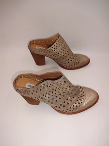 Steve Madden Harmony Damenschuhe goldfarbene Leder-Pantoletten 8,5 M 8,5 hochhackige Cutouts - Bild 1 von 9