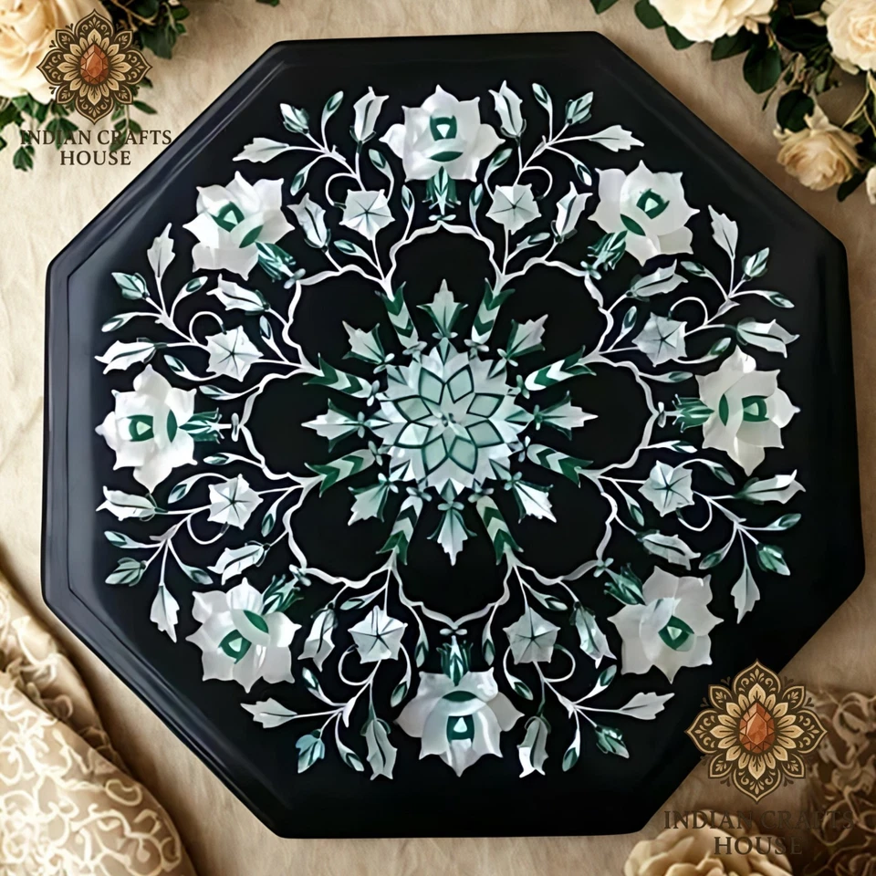 Mesa de mármol real con incrustaciones de piedras semipreciosas muebles de trabajo hechos a mano 12" Foto 1 de 4