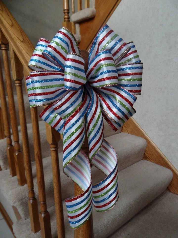 10" W WHITE BOW~RED GREEN BLUE GLITTERED STRIPES~ CHRISTMAS BIRTHDAY DECORATIONS - Image 1 of 1