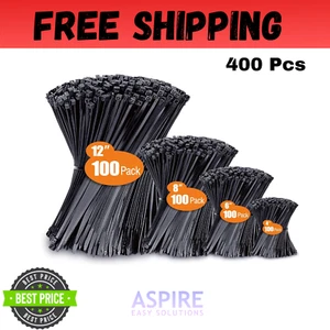 Zip Cable Ties Assorted Sizes(4”+6”+8”+12”) Heavy duty Nylon Black UV Resistant - Picture 1 of 7