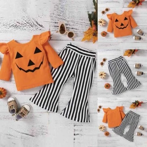 Halloween Kids Baby Girl Clothing Pumpkin Print Long Sleeve T-shirt+Flare Pants - Picture 1 of 7