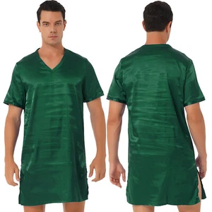 Mens Silk Satin Nightshirt Nightgown Short Sleeve V-neck Lounge Top Sleepwear - Picture 1 of 67