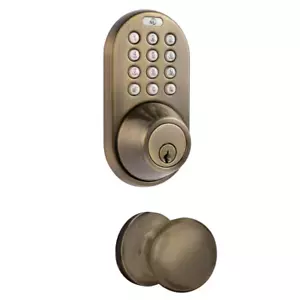 Antique Brass Keyless Entry Deadbolt and Door Knob Lock Combo Pack with Electron - Picture 1 of 12