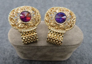 Ornate Fancy Gold Tone Oval Mesh Wrap Cufflinks with Iridescent Stone Bling - Picture 1 of 4