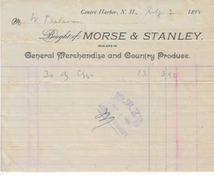 1898 Receipt, Morse & Stanley, General Merchandise, Centre Harbor New Hampshire - Picture 1 of 2