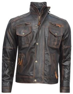 Men's Motorcycle Vintage Distress Brown Cafe Racer Biker Leather Jacket - Picture 1 of 5