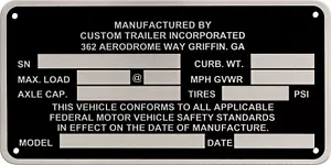 Custom Trailer Data Plate 1950's - 1990's ? Acid Etched Aluminum - Picture 1 of 1