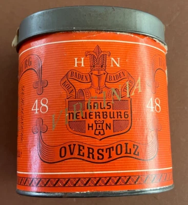 Alt Blechdose Tabak Leer Haus Neuenburg Overstolz Cigaretten 48 9x8cm Beschädigt - Bild 1 von 3