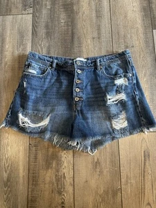 Pantaloncini jeans KanCan blu Estilo vita alta invecchiati donna taglia 31 - Foto 1 di 4