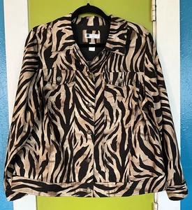Carole Little Woman Animal Print Trucker Jacket 100% Linen Sz 1X Boho Classic - Picture 1 of 17