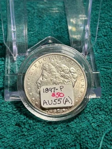 Dólar de plata Morgan 1897-P, 55 casi sin circular (AU), mejor fecha, 90 % $1 - Imagen 1 de 3