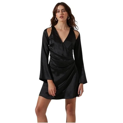 Mini Vestido Astr Hombro Recortado Manga Larga Satinado en Negro Mediano Nuevo sin Etiquetas Foto 1 de 4