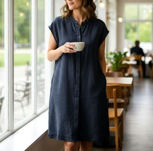 Eileen Fisher Organic Linen Shift Shirt Dress Size Medium Blue Minimalist - Picture 1 of 9