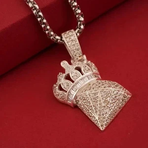 2Ct Round Cut Lab Created Diamond Mens Queen Crown Pendant 14K White Gold Plated - Picture 1 of 5