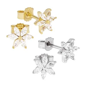 Paar Blumen Ohrstecker Zirkon weiß 925 Silber 333 Gelbgold 7x7mm Damen Ohrringe - Bild 1 von 3