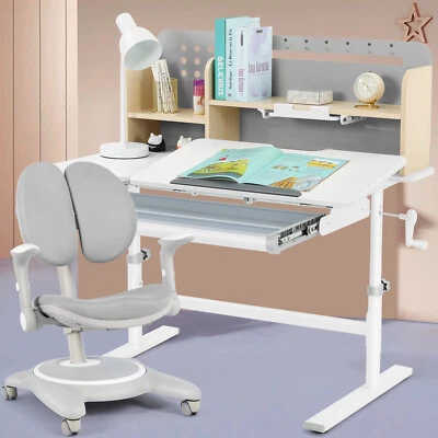 Juego de silla y escritorio de estudio para niños con ajuste de altura elevable gris niña niño con cajón, estante Foto 1 de 4