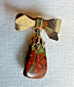 Vintage Gold Tone Bow Brooch Pin with Natural Green and Orange Stone Pendant - Picture 1 of 7