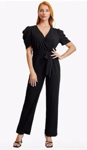 WDIRARA Women's Plus Size M Puff Short Sleeve V Neck Belted Wide Leg Jumpsuit - Picture 1 of 6