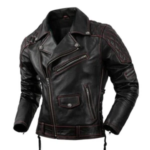 Men's Vintage Black Leather Biker Jacket Cafe Racer Distressed Style - Picture 1 of 11