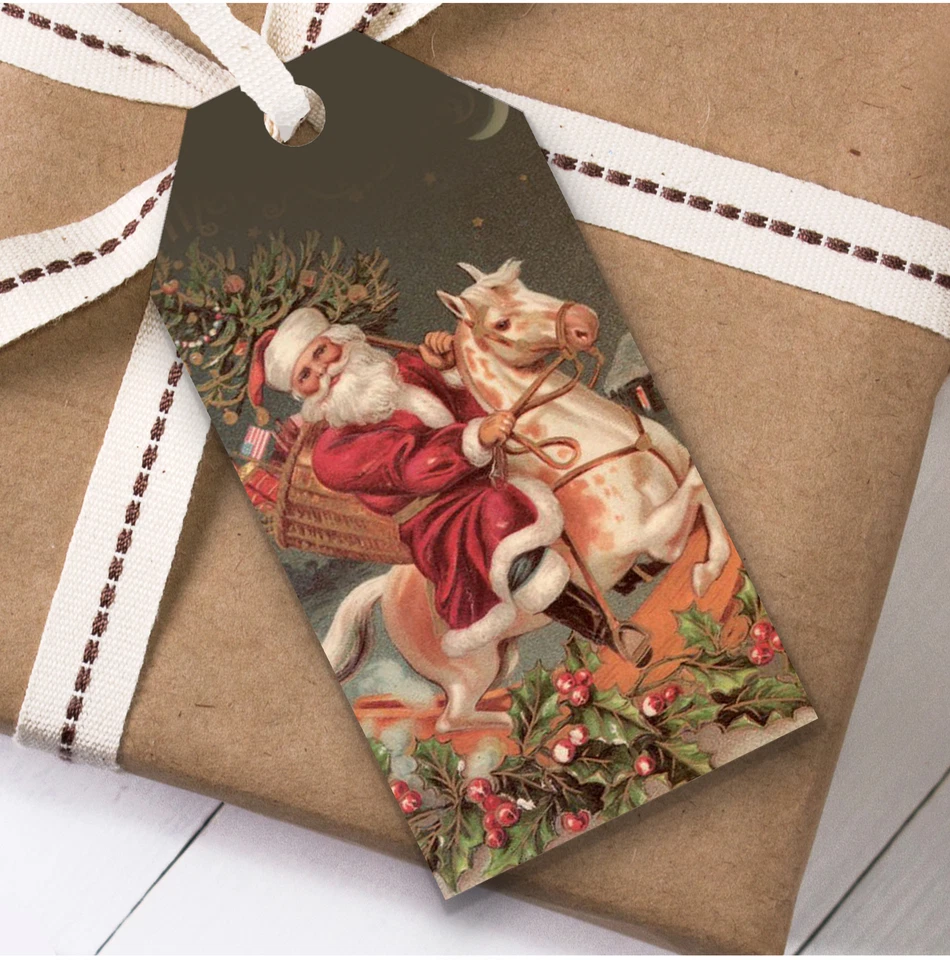 THECARDZOO Vintage Traditional Santa Horse Christmas Gift Tags (Present Favor Labels)