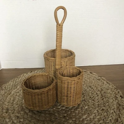 Vintage Wicker Basket Woven 3 Way Condiments Silverware Holder 10” Tall Approx - Image 1 of 4