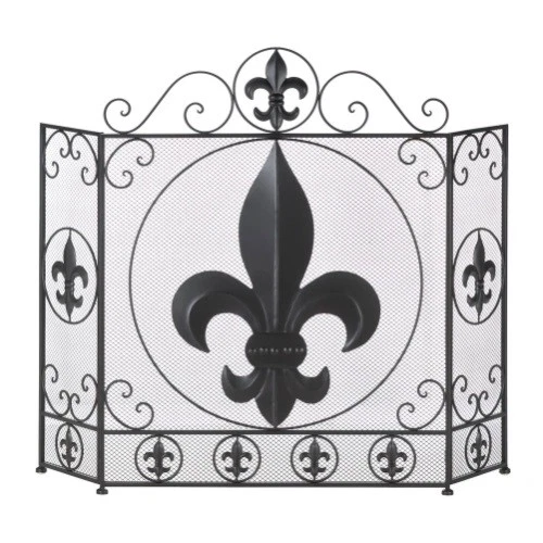 Black Iron and Metal Fleur De Lis Fireplace Screen Fire Livingroom Bedroom Decor