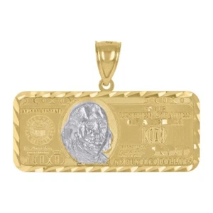 10K Two-Tone Gold 100 Dollar Bill Currency Diamond Cut Pendant for Mens 5.8gm - Picture 1 of 2