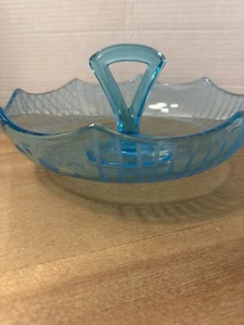 Vintage Bright Blue Depression Glass w Center Handle Etched 9” Wide - Picture 1 of 6