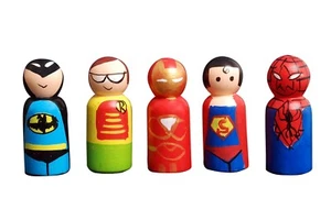 Channapatna Toys Peg Dolls Wooden Painted Superheroes Set Pretend Play Figurines - Picture 1 of 12