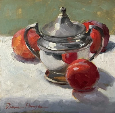 Pequeño bodegón original al óleo 6 X 6 pulgadas firmado por el artista Foto 1 de 4