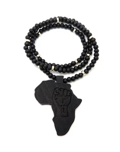 BLACK AFRICA MAP FIST PENDANT & 6mm 26" WOODEN BEAD CHAIN HIP HOP STYLE NECKLACE - Picture 1 of 15