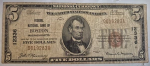 1929 5 $ Federal National Bank of Boston Massachusetts 12336 - Bild 1 von 6