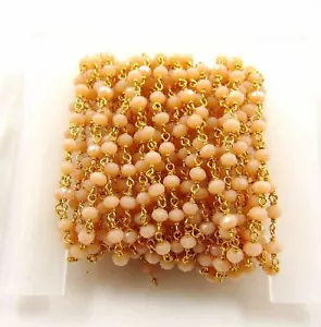 10 Feet Peach Quartz Rondelle Faceted 3-4mm Beads, Rosary Chain Gold Wire H27 - Picture 1 of 4