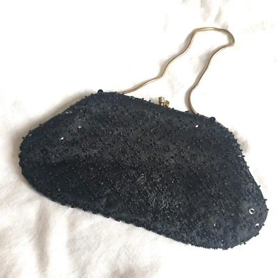 Vtg 60s Black Beaded Damask Evening Bag Sequins Retro Steampunk - Image 1 of 4