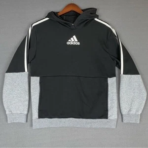 Adidas Hoodie Boy's Large Black Grey ColorBlock 3 Stripes Pullover Sweatshirt - Picture 1 of 9
