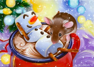 Limited Edition ACEO PRINT Mouse Hot Chocolate Christmas Holiday M. Mishkova - Picture 1 of 1