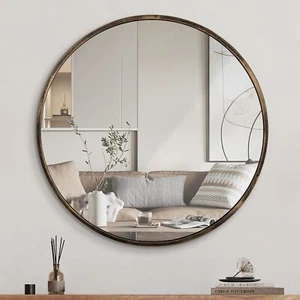ROUND WALL MIRROR BRONZE 24 INCH CIRCULAR METAL FRAMED WALL MOUNTED MIRROR HANGI - Picture 1 of 8