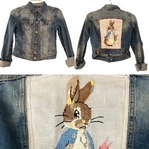 Custom Peter Rabbit Denim Jacket Girls L Trucker Embroidered Blue Beatrix Potter - Picture 1 of 9