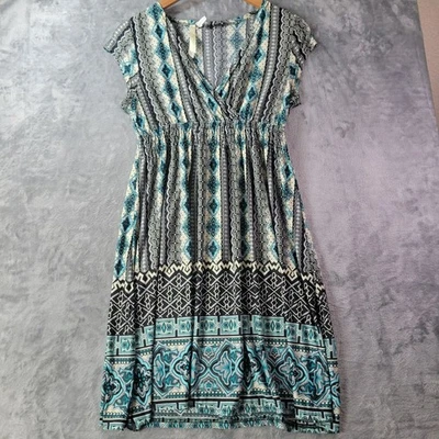 Vestido Cursive Love para mujer L Boho Estampado geométrico Cintura imperio Negro Teal Casual Foto 1 de 4