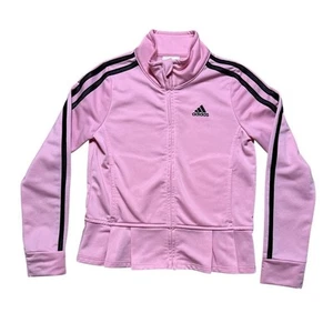 Adidas | Girls Pink Logo Tricot Track Jacket w Black Stripes, Ruffle Hem – Sz 6 - Picture 1 of 5